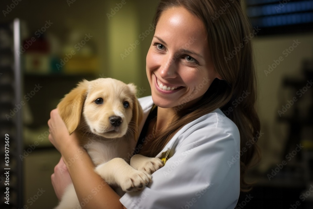 Portrait of a young female veterinarian holding a cute puppy in her arms Portrait of a young female veterinarian holding a cute puppy in her arms