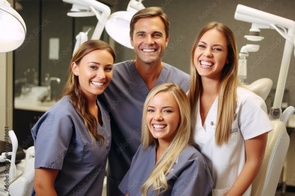 Portrait of happy dentists with female patient in dental clinic. Portrait of happy dentists with female patient in dental clinic.