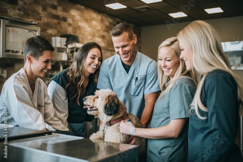 Smiling doctors and nurses with a dog in a veterinary clinic.