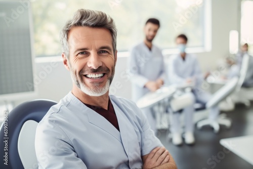 Portrait of smiling male dentist with colleagues in background at dental clinic