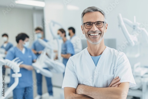 Group portrait photography of a detail-oriented dentist conducting a regular dental check-up 