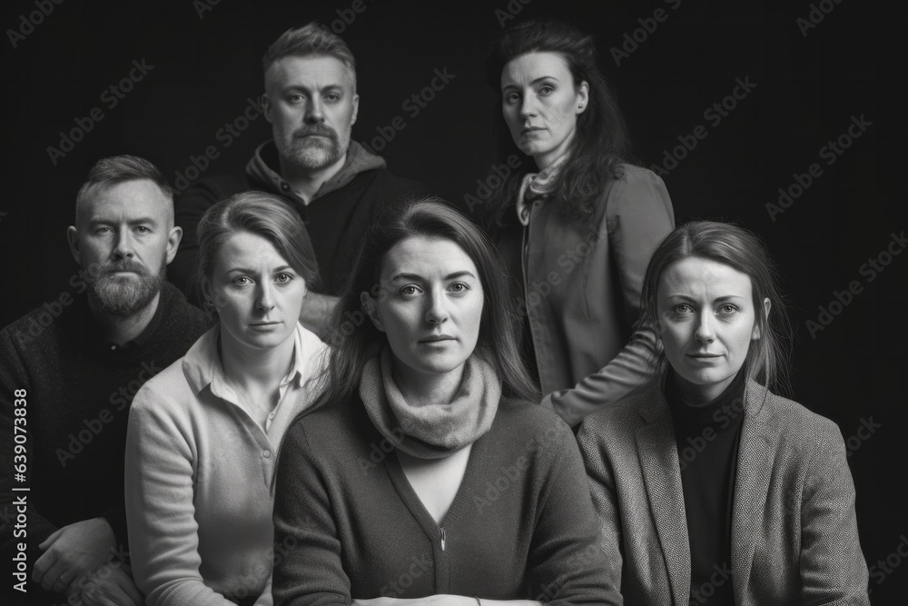 Portrait of a group of people on a black background. Black and white.