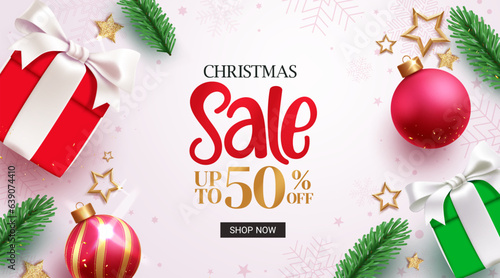 Christmas sale text vector banner design. Christmas promo discount offer with xmas holiday season elements in elegant background. Vector illustration clearance sale banner. 
