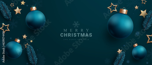 Merry christmas text vector design. Christmas and new year greeting card with xmas balls ornaments and elements in elegant blue color background. Vector illustration holiday season background.
