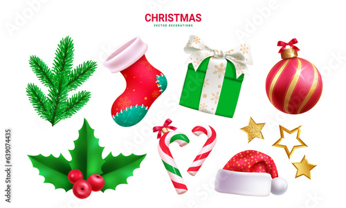 Christmas elements vector set design. Christmas colorful ornaments and elements holiday season decoration isolated in white background. Vector illustration xmas elements collection.
