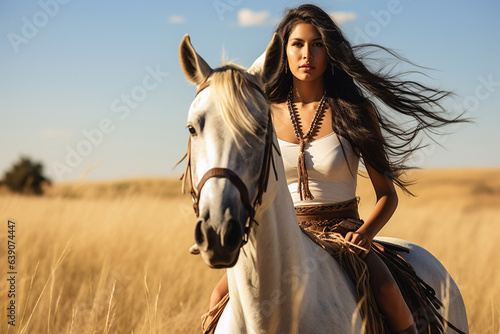 Beautiful indigenous woman riding a horse on the prairies. 