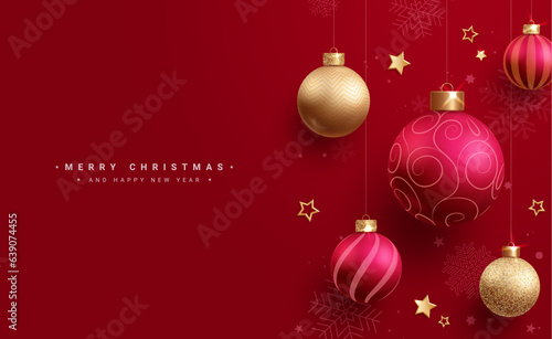 Christmas balls vector design. Merry christmas and happy new year greeting text with red and gold xmas balls hanging ornaments in elegant background. Vector illustration greeting card in red 