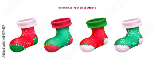 Christmas socks set vector design. Christmas santa socks elements in red and green color with stitch and snowflakes decoration. Vector illustration xmas elements collection.
