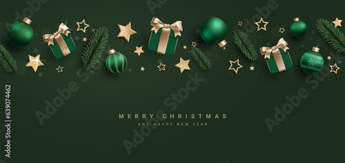 Merry christmas text vector design. Christmas greeting card in elegant green color with xmas balls, spruce, stars and gift elements decoration. Vector illustration seasonal greeting card.
