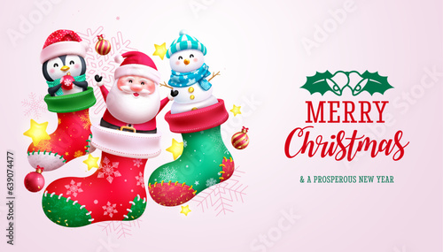 Merry christmas text vector design. Christmas socks elements with xmas characters like santa claus, penguin and snowman decoration. Vector illustration greeting card background.
