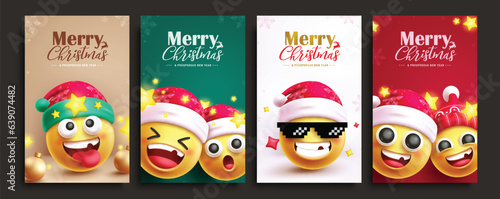 Christmas emojis vector poster set design. Merry christmas text with emoji characters for greeting card lay out collection. Vector illustration holiday season invitation card. 
