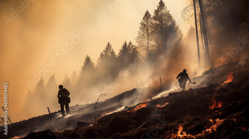 Forest fire with fire fighters battling a blaze. 