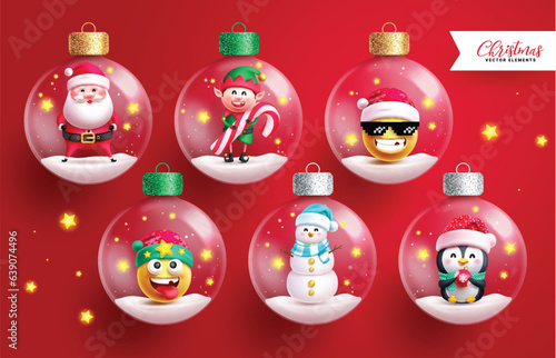 Christmas crystal balls vector set design. Christmas characters in glass balls, sphere, bauble transparent elements in magical red background. Vector illustration xmas glass balls collection.
