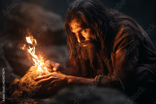 Caveman trying to light a fire inside a cave. 
