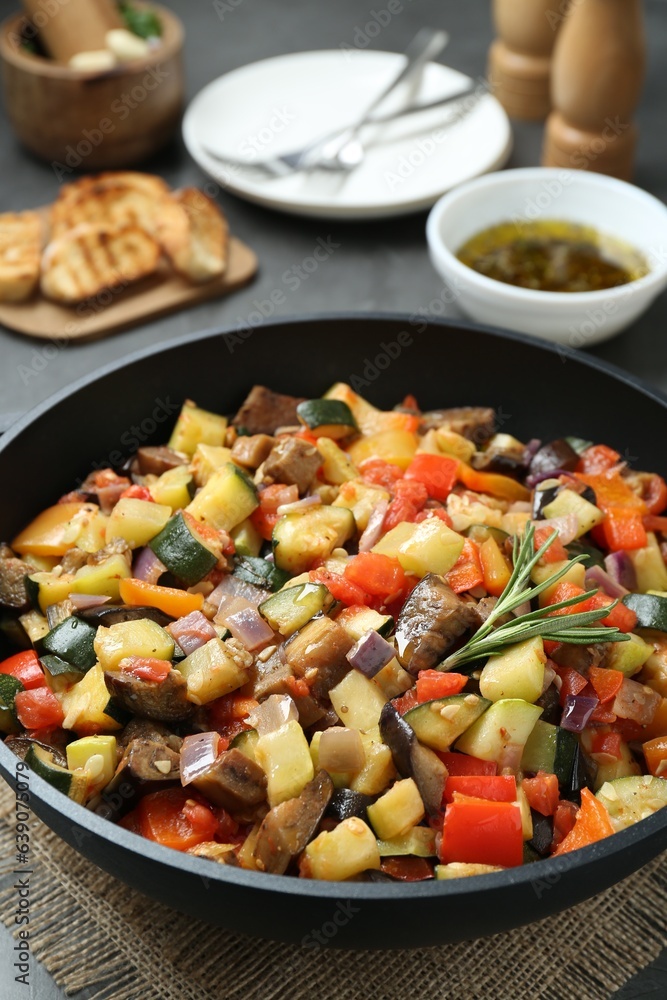 Delicious ratatouille served on table, closeup view Delicious ratatouille served on table, closeup view
