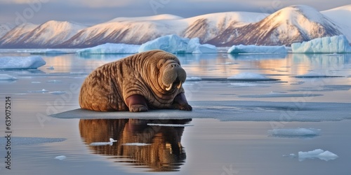 Walrus( Odobenus rosmarus) on piece of ice, Spitsbergen, Svalbard and Jan Mayen, Norway photo