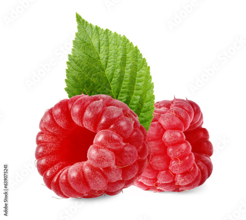 Fresh ripe raspberries with green leaf isolated on white