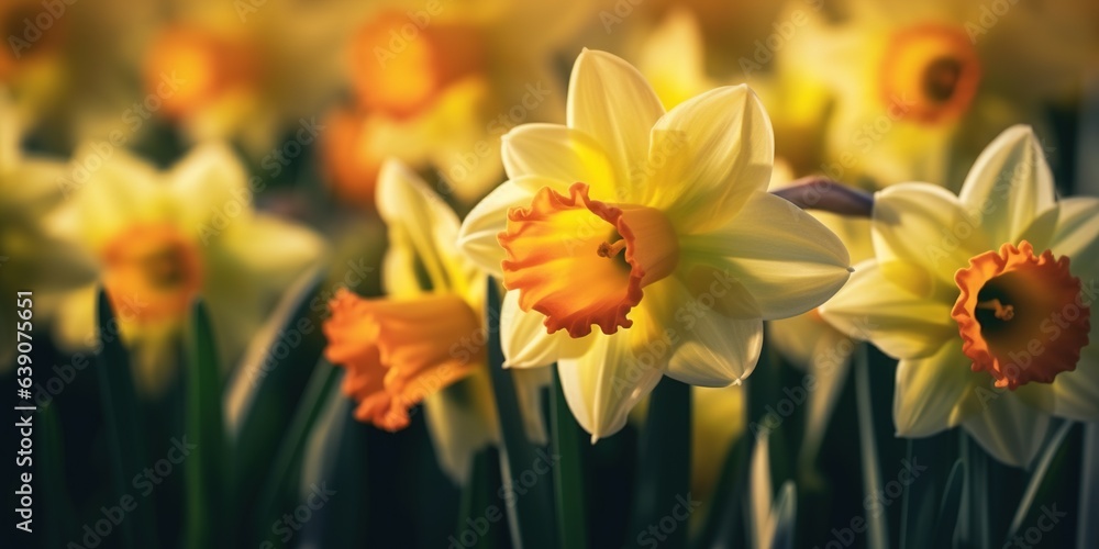 Yellow daffodil flowers in spring, closeup