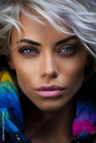 Angelic female portrait with monochrome face adorned with graceful rainbow details. Close-up elegant face and discreet charm. Portrait of a fashion model posing at studio.