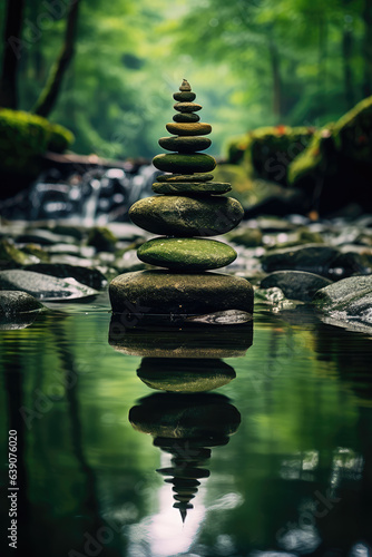 Zen Balance Stones in Summer Forest