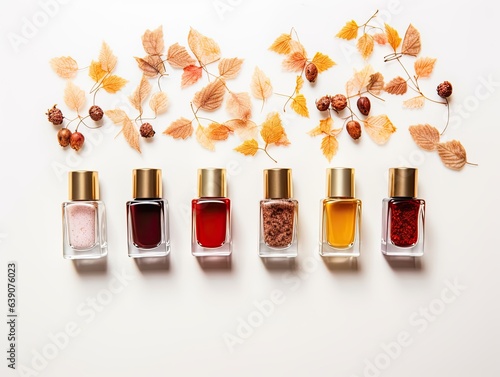 Autumn-inspired nail polish set on white