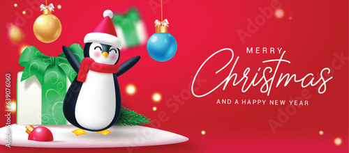 Merry christmas text vector design. Christmas gift box and hanging xmas balls with penguin character in snow winter background. Vector illustration greeting card banner.

