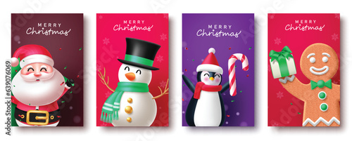 Christmas card vector poster set design. Merry christmas greeting text with xmas characters like santa claus, snowman, penguin and ginger bread in tags collection. Vector illustration greeting card 
