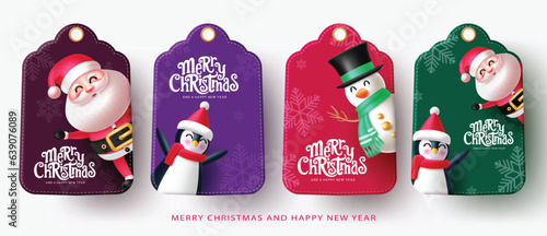 Christmas characters tags vector set design. Merry christmas text with xmas characters in gifts tag and sticker lay out collection. Vector illustration holiday season decoration.
