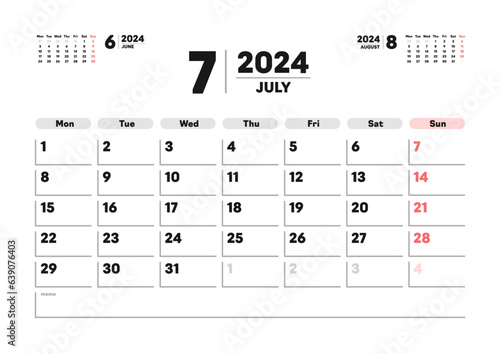 2024年7月のカレンダー - 月曜始まりの月めくりカレンダー - 3ヶ月分･祝日表記なし･A版比率
