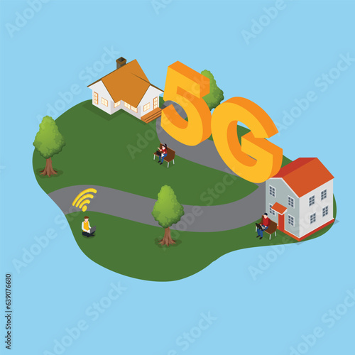 People using 5G internet in rural areas isometric 3d vector concept for banner, website, illustration, landing page, etc