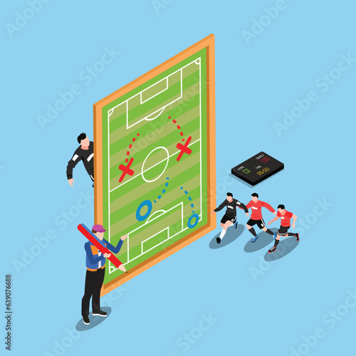 Coach instructing football players isometric 3d vector concept for banner, website, illustration, landing page, etc