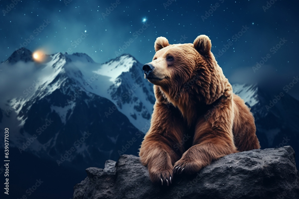 A bear is sitting on the top of a mountain.