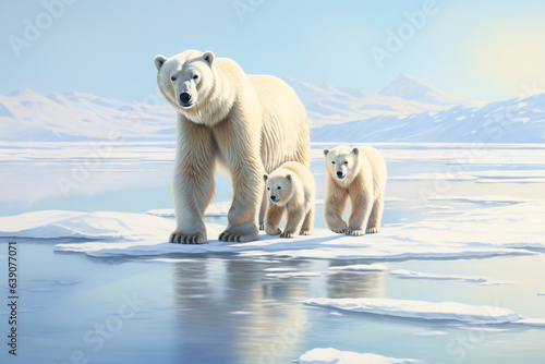 Three polar bears on the pack ice, north of Svalbard Arctic Norway.