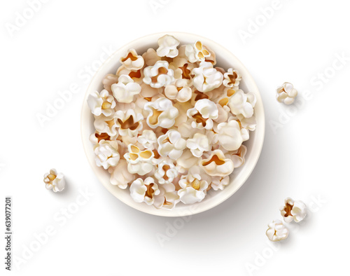 Full Popcorn cup for movies. Flying flakes in a paper bucket container cinema. Realistic movie theater snack food Cinema Snacks Packaging. Top view isolated on white background. Vector illustration.