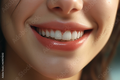 Young woman with beautiful healthy smile  closeup. Dental care. Ai generated