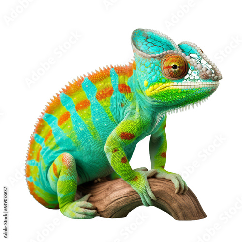 A colorful chameleon perched on a branch in a natural habitat