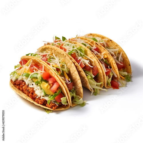 Traditional Mexican tacos with meat and vegetables on white background.