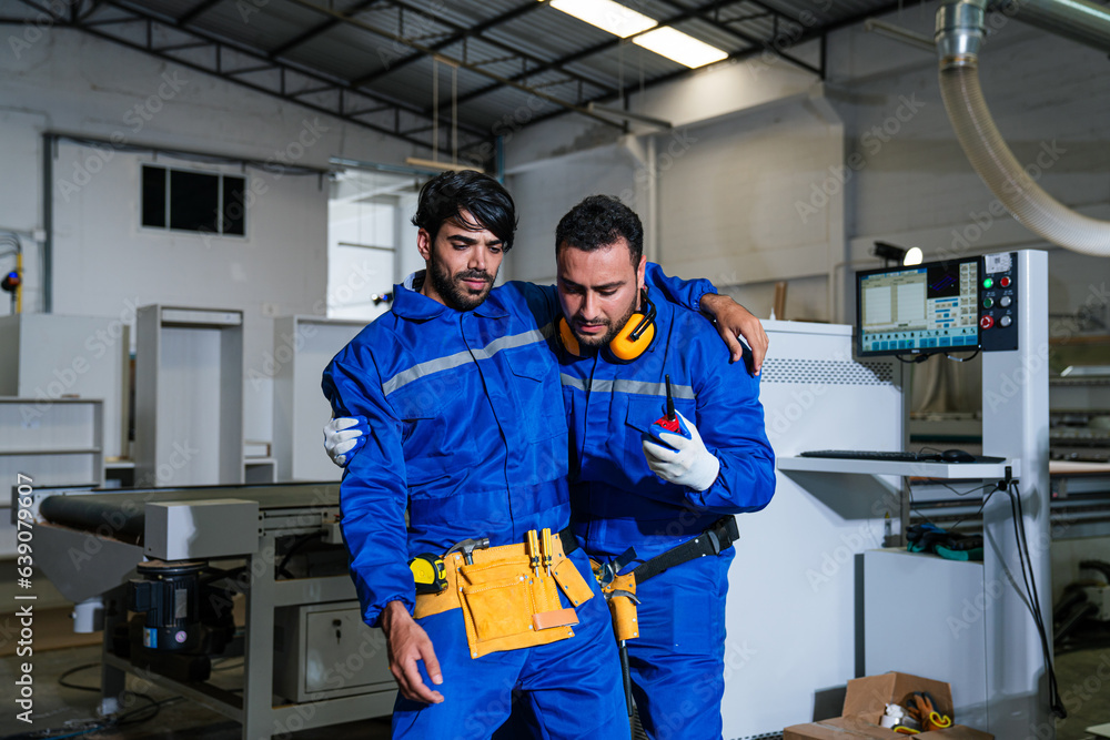 Mature foreman in workwear giving first aid to staff suffering after working injury in industrial factory, Injury at work. Mature foreman in workwear giving first aid to staff suffering after working injury in industrial factory, Injury at work.