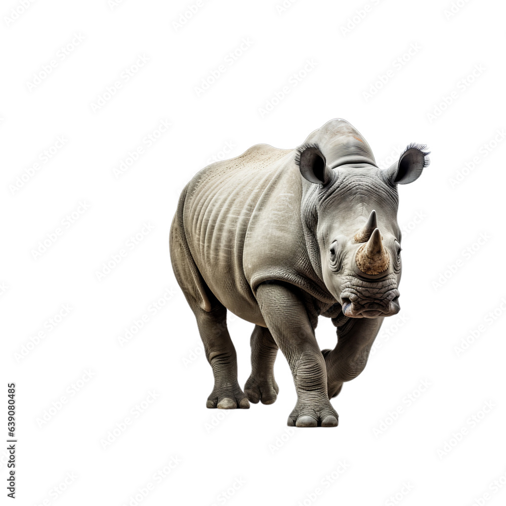 A majestic white rhinoceros standing proudly against a pure white backdrop