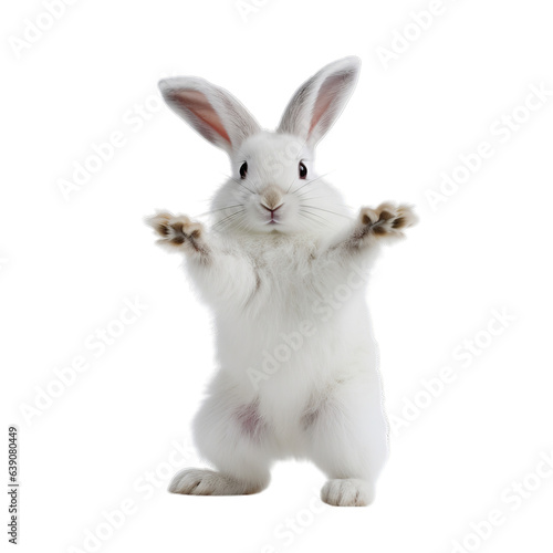 A curious white rabbit standing tall on its hind legs