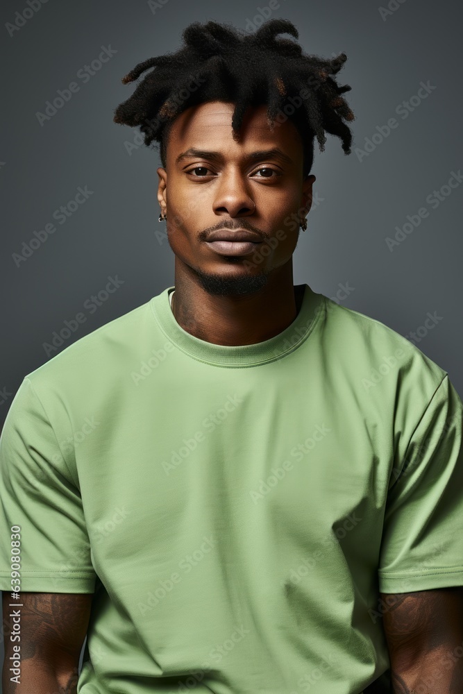 An attractive African American man wearing a green tee shirt with plain background. Generative AI. An attractive African American man wearing a green tee shirt with plain background. Generative AI.