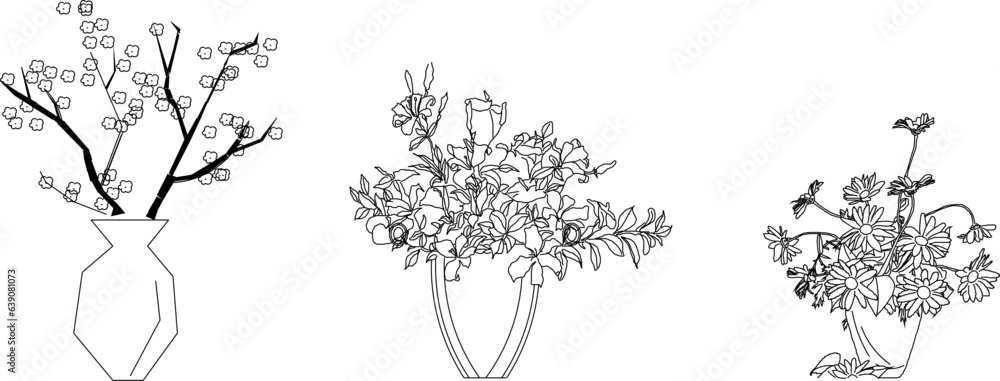 Naklejka premium Vector sketch illustration of beautiful ornamental plants in pots for home interior design decoration