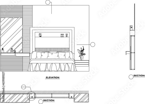 Sketch vector illustration of detailed architectural design of bedroom interior