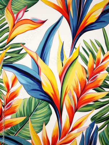 Vibrant bird of paradise leaf pattern wallpaper on white © dasom