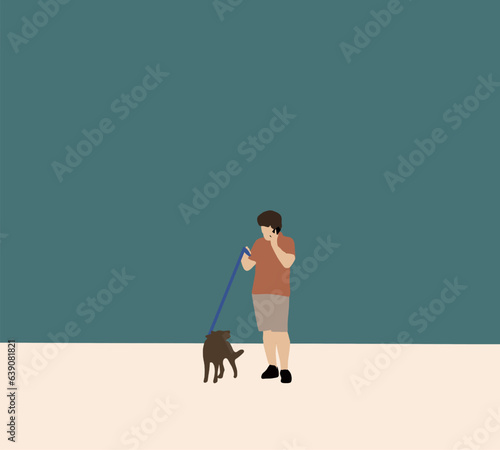 Man talking on mobile phone and holding his dog on leash on city street. Having fun together outdoors
