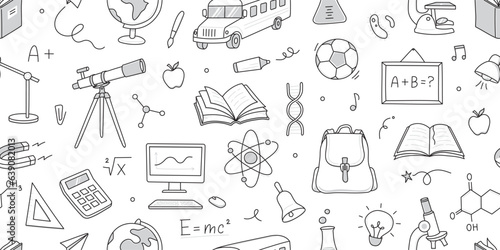 Back to school seamless pattern doodle. Hand drawn line doodle sketch style back to school background. Hand drawn book, bag, globe education elements background. Vector illustration.
