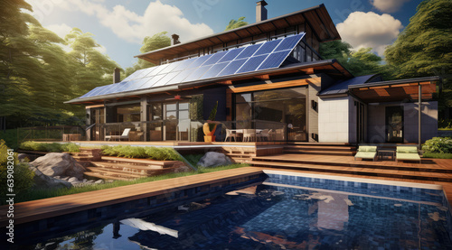 Modern house with patio area and solar panels, many trees and a pool, generative AI  © Kien