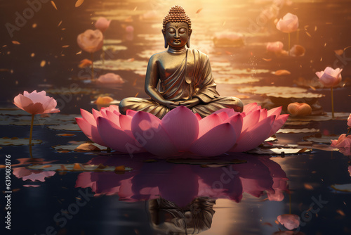 Buddha sitting on a lotus with glowing light  generative AI  