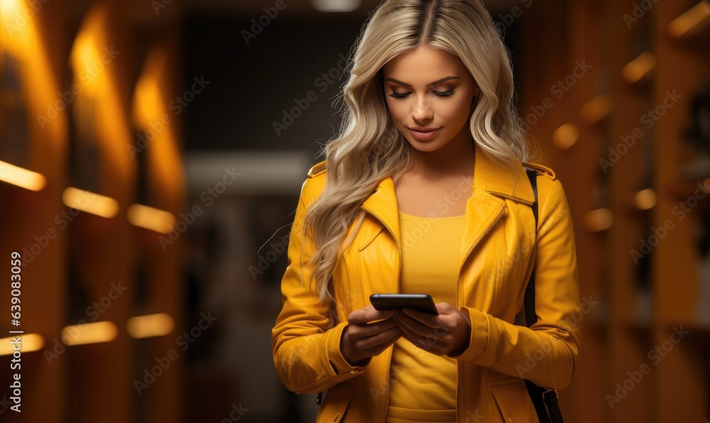 Closeup of woman in yellow jacket using mobile phone and holding shopping bags Closeup of woman in yellow jacket using mobile phone and holding shopping bags