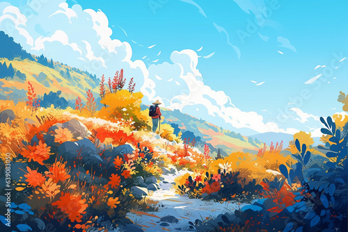 A woman hiking in a mountain in autumn full of flowers and plants  vivid color  blue sky